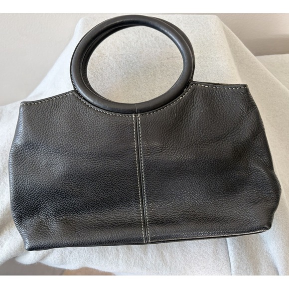 Fossil Black Leather Circle Handle Handbag Contrast Stitch Satchel Bag - Picture 3 of 7